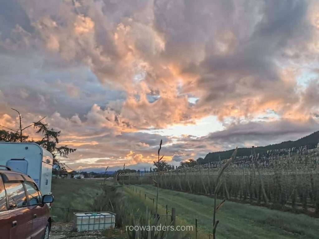 Sunset from the Hops Garden with our Caravan, New Zealand - RooWanders